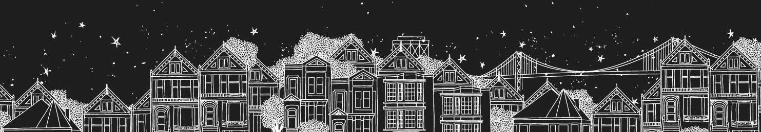 a black and white drawing of a city skyline with houses and a bridge .