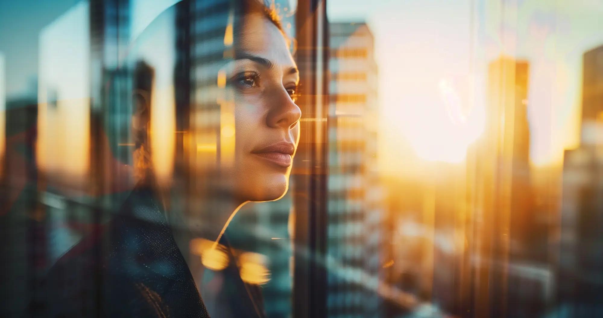 Woman looking out a window with city reflections and golden light.