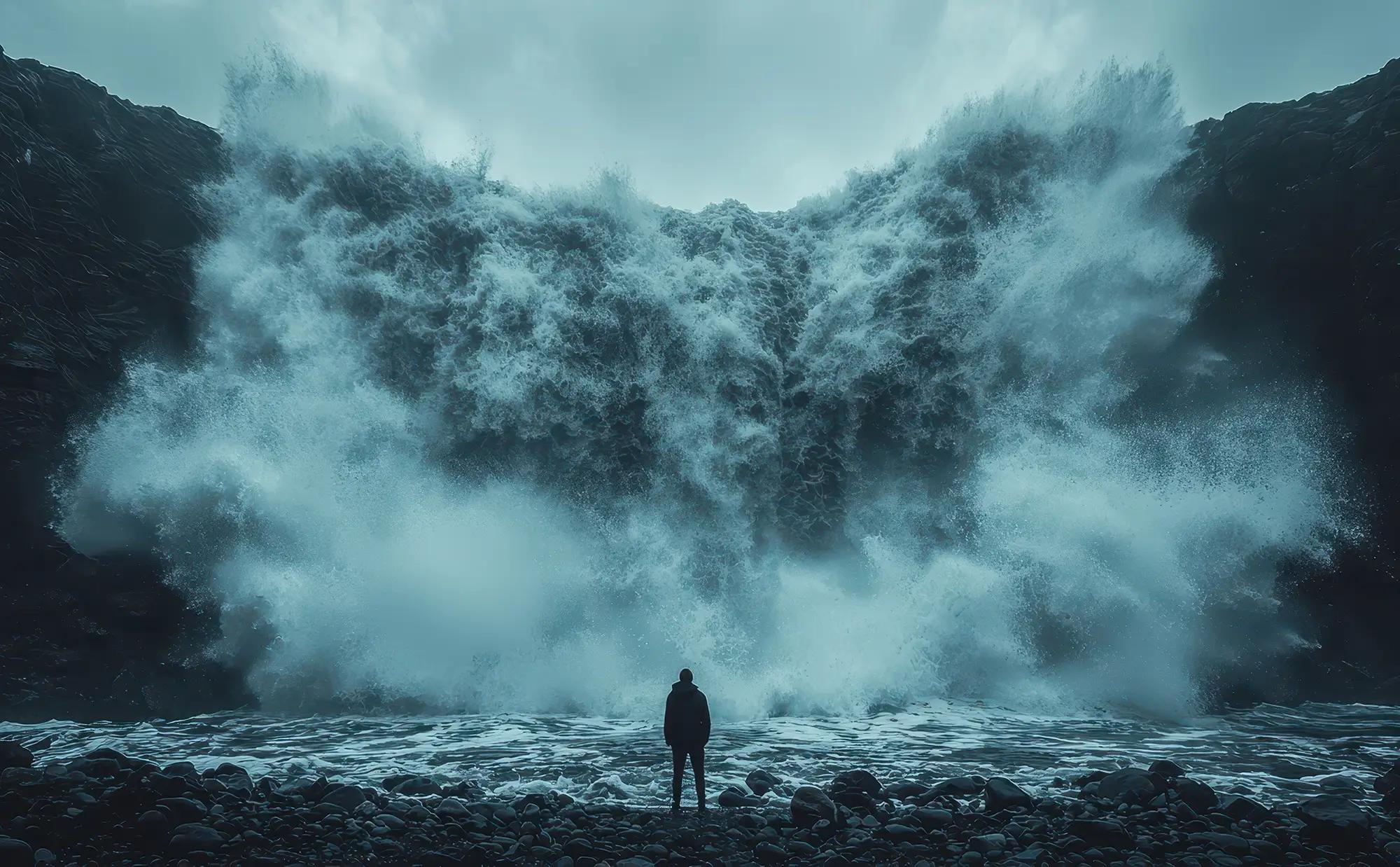A lone person stands on a rocky shore facing a colossal teal wave crashing against dark cliffs.