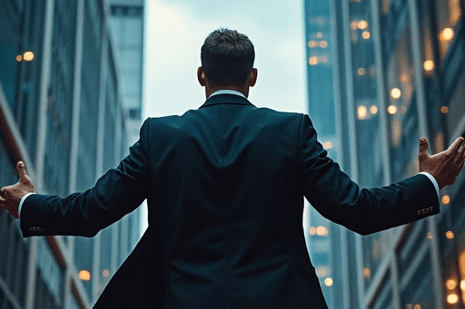 a man in a suit stands with his arms outstretched