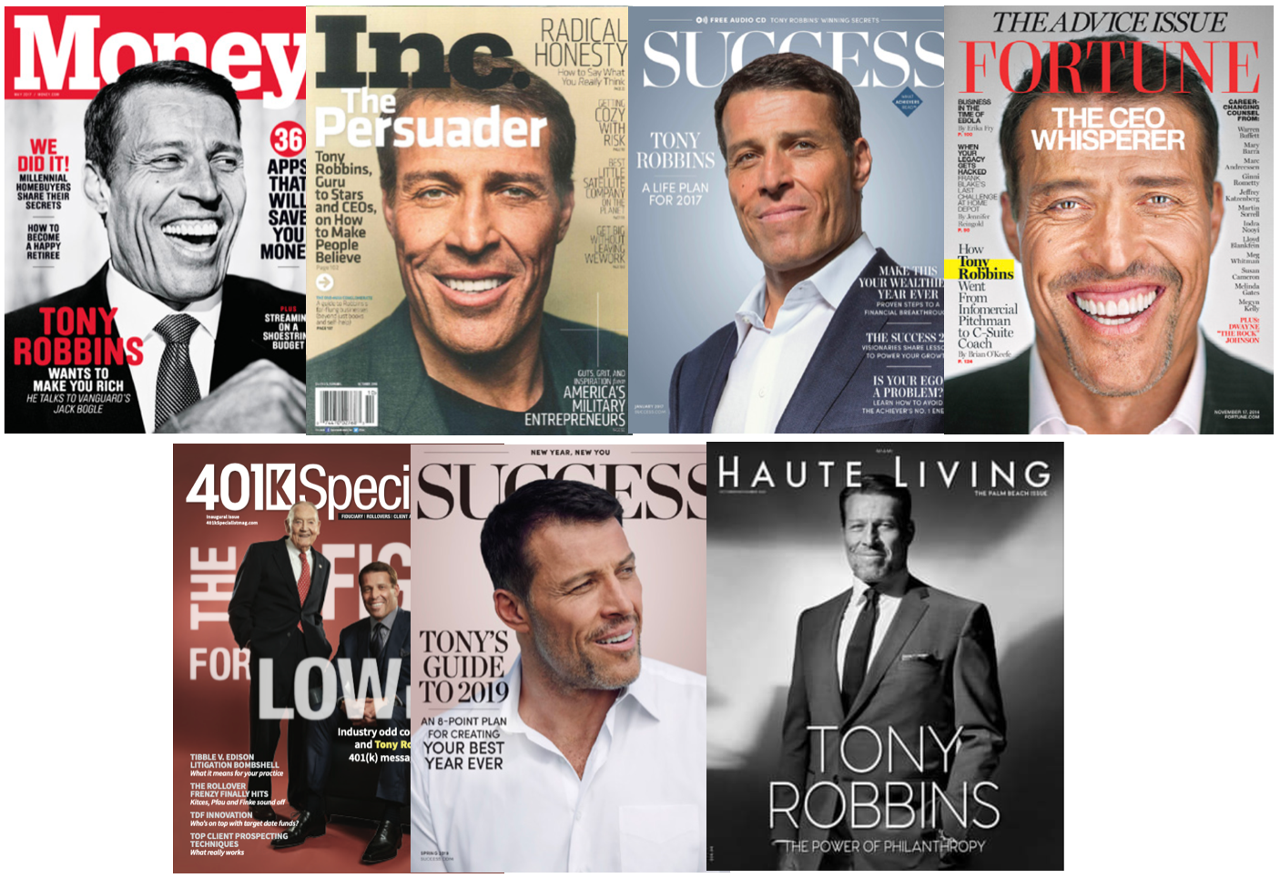 Seven magazine covers, including Money, Inc., Fortune, and Success, all featuring Tony Robbins.