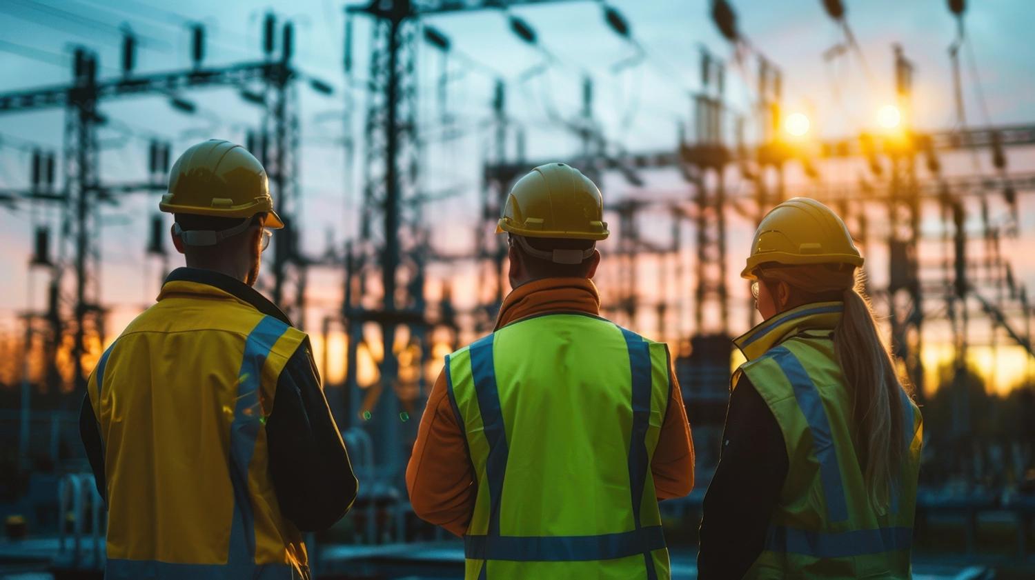 Three people in hard hats and safety vests observe an electrical substation at sunset.