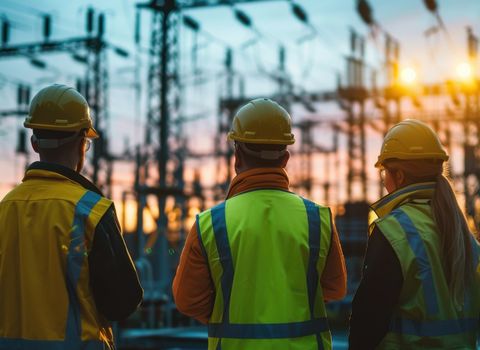 Three people in hard hats and safety vests observe an electrical substation at sunset.