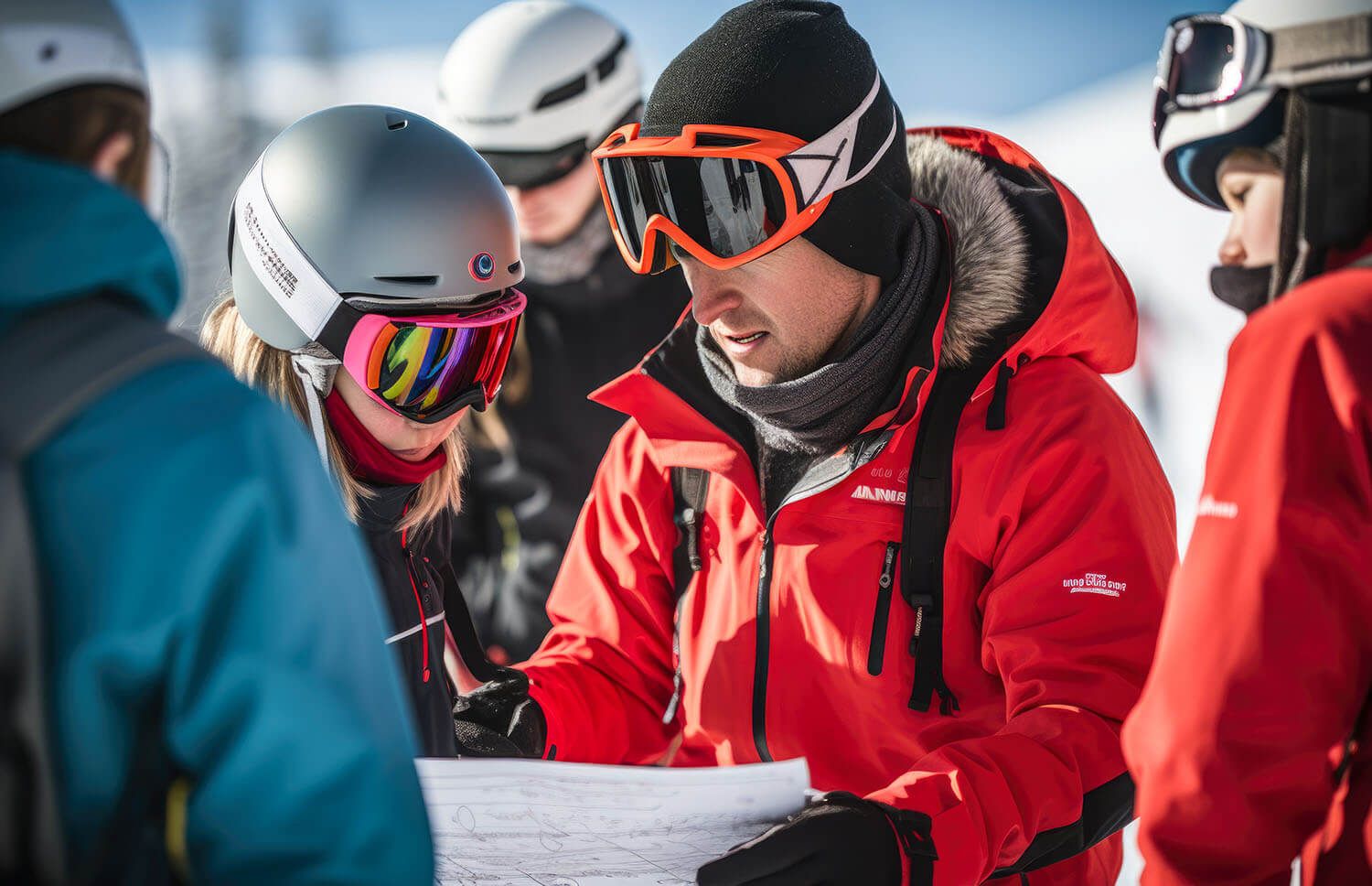 A female soccer coach crouches on the field, holding a clipboard and pen, while huddling with her team of female players.