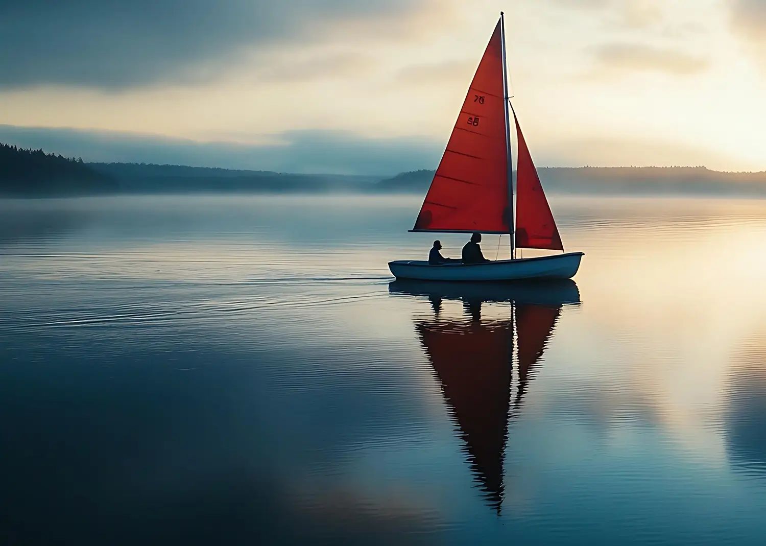 A red-sailed sailboat with two people on calm, reflective water at dawn.