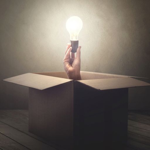a person is holding a light bulb out of a cardboard box .