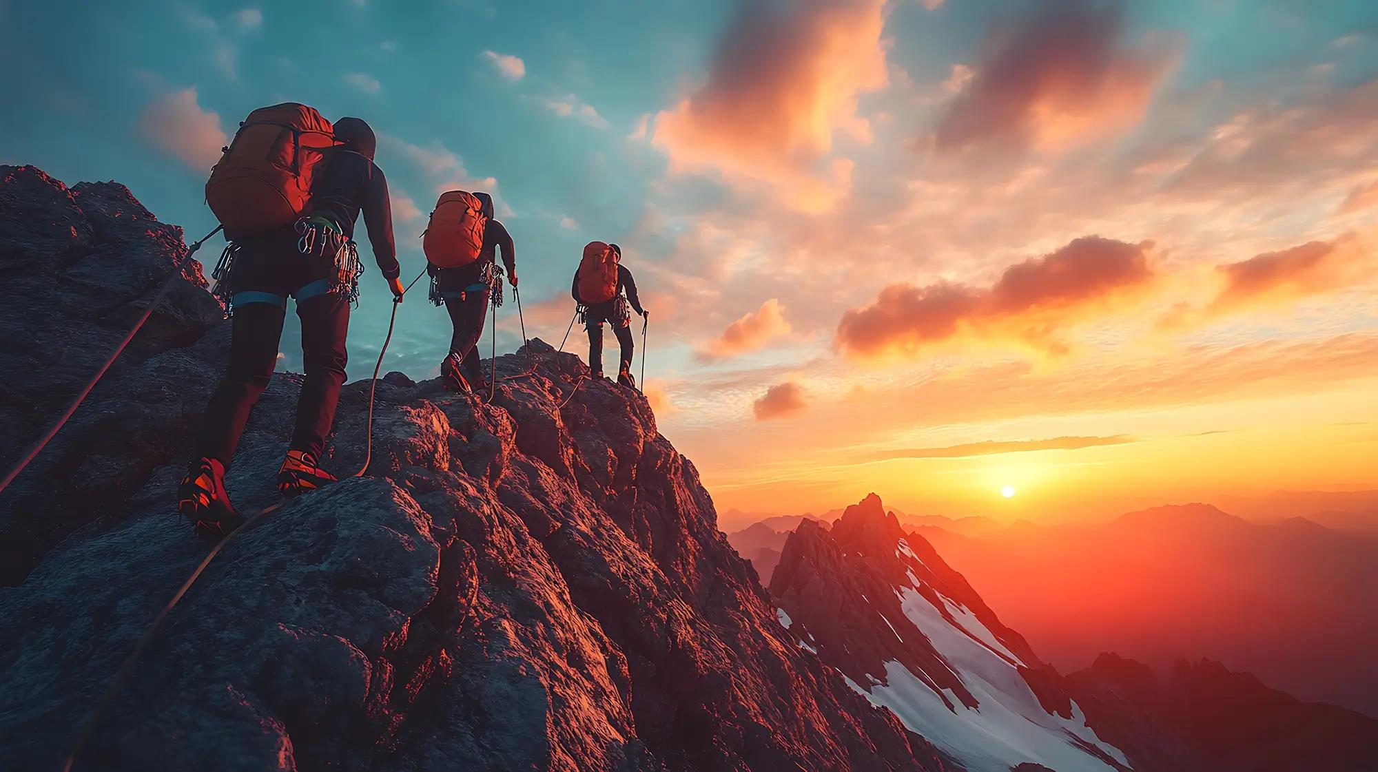 Three climbers ascend a steep, rocky ridge at sunset, roped together.