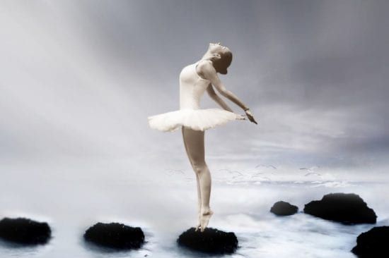 a ballerina is standing on a rock in the water .