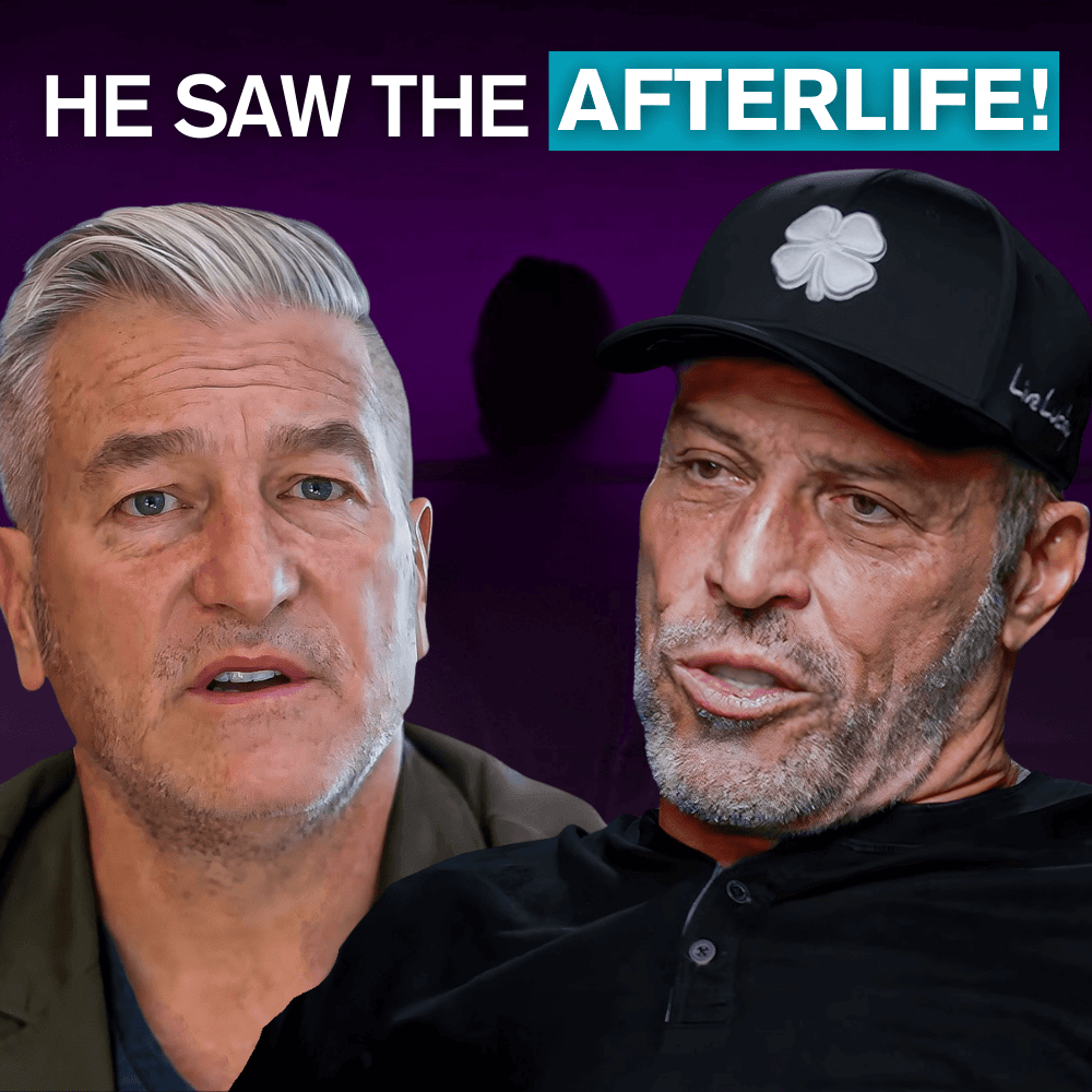 Two men, one with grey hair and another in a black clover cap, against a dark purple background with a shadowy figure. Text reads: "HE SAW THE AFTERLIFE!"