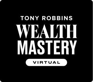 the logo for tony robbins wealth mastery virtual is white on a black background .