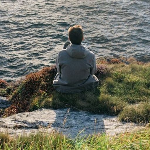 a man is sitting on a rock overlooking the ocean .