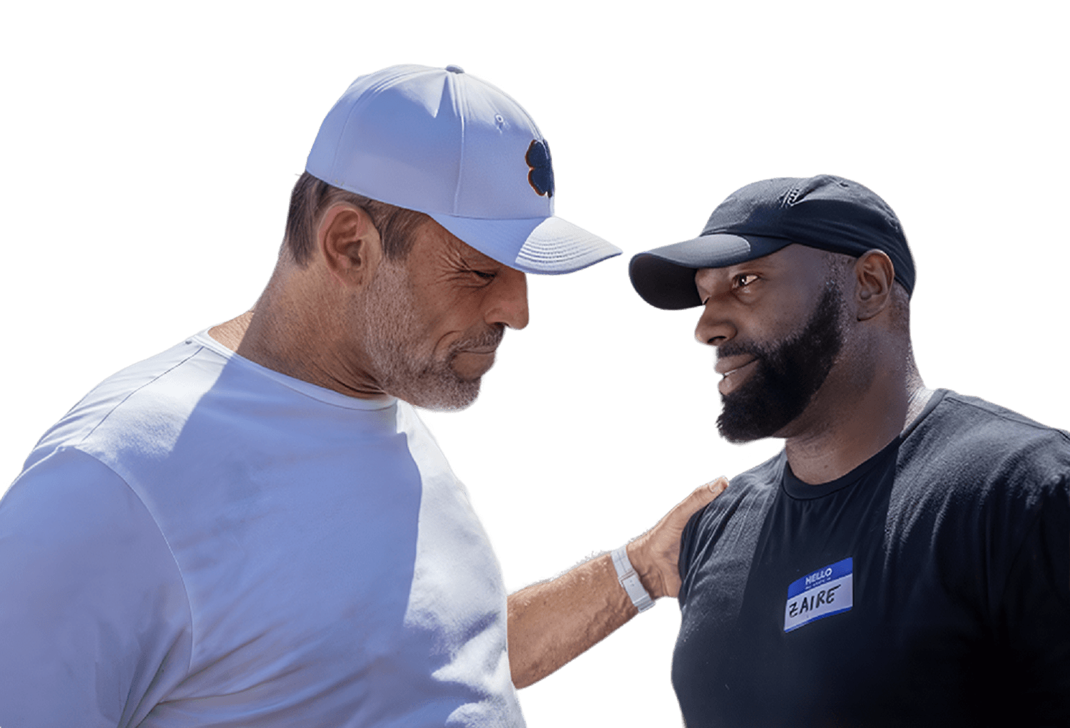A white man in a white cap and shirt has his arm around a smiling Black man in a black cap and shirt, who wears a 'FAIRE' nametag.