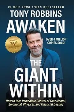 Book cover: Tony Robbins' "Awaken The Giant Within" with his smiling portrait.