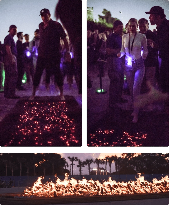 Attendees firewalking barefoot on glowing coals, with a long outdoor fire shown in the bottom panel.