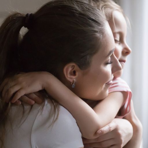 a woman is hugging a little girl in front of a window .