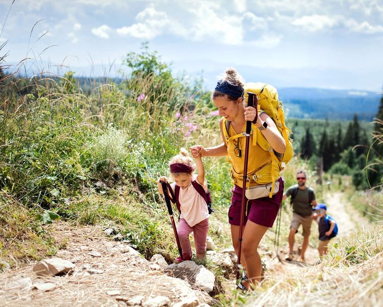 a woman and two children are hiking up a hill .