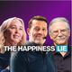 Blonde woman, Tony Robbins with mic, and older man with mustache against a purple background with "THE HAPPINESS LIE" text.