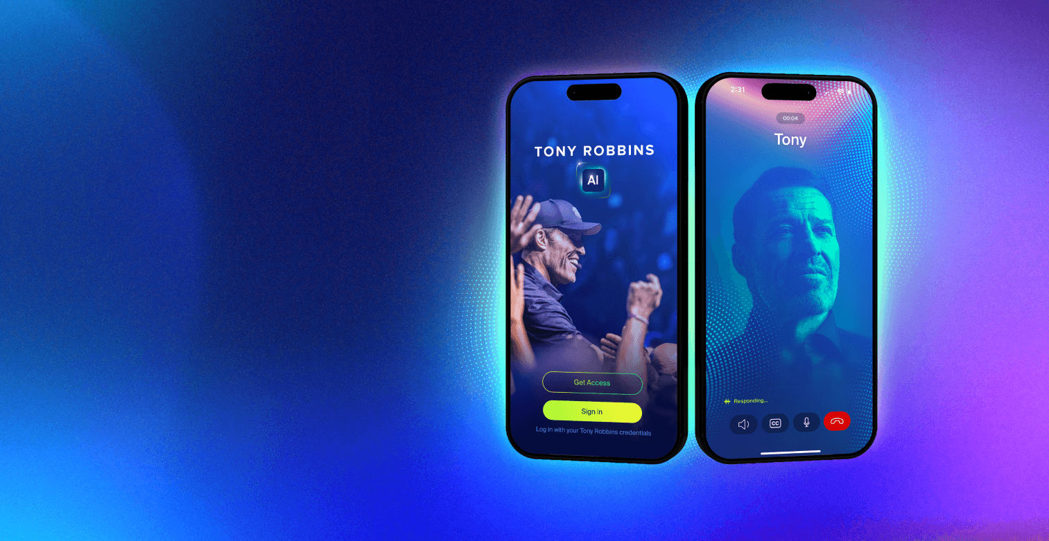 A smartphone screen showing the "Tony Robbins AI" app with an image of Tony Robbins, and "Get Access" and "Sign In" buttons, against a glowing digital background.