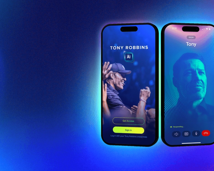 A smartphone screen showing the "Tony Robbins AI" app with an image of Tony Robbins, and "Get Access" and "Sign In" buttons, against a glowing digital background.