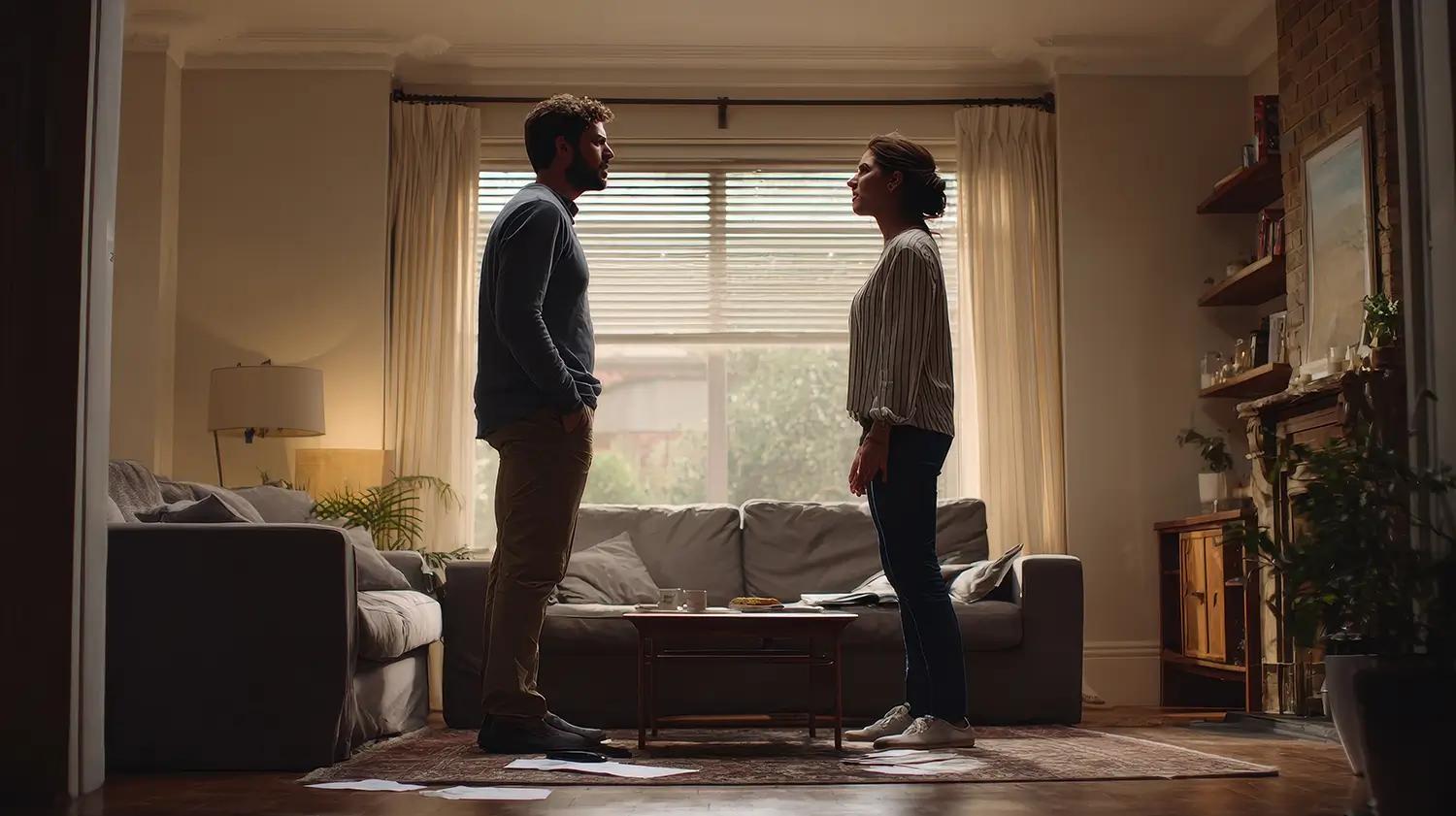 A man and woman stand facing each other across a living room, appearing tense.