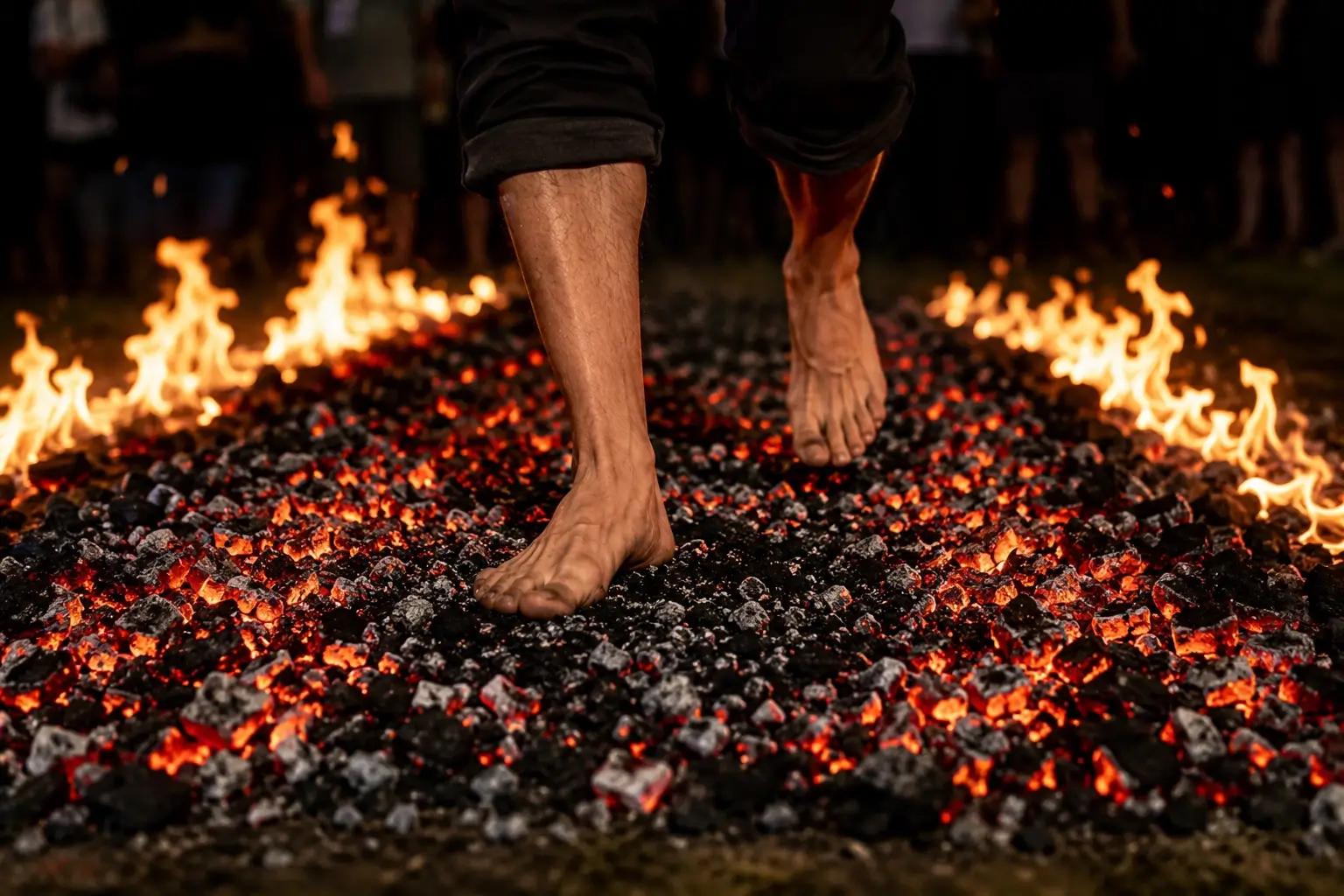 Bare feet walking on glowing hot coals with flames on the sides.