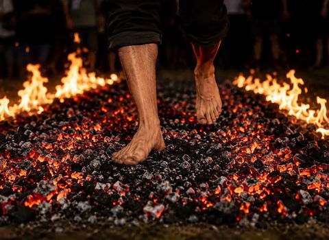 Bare feet walking on glowing hot coals with flames on the sides.