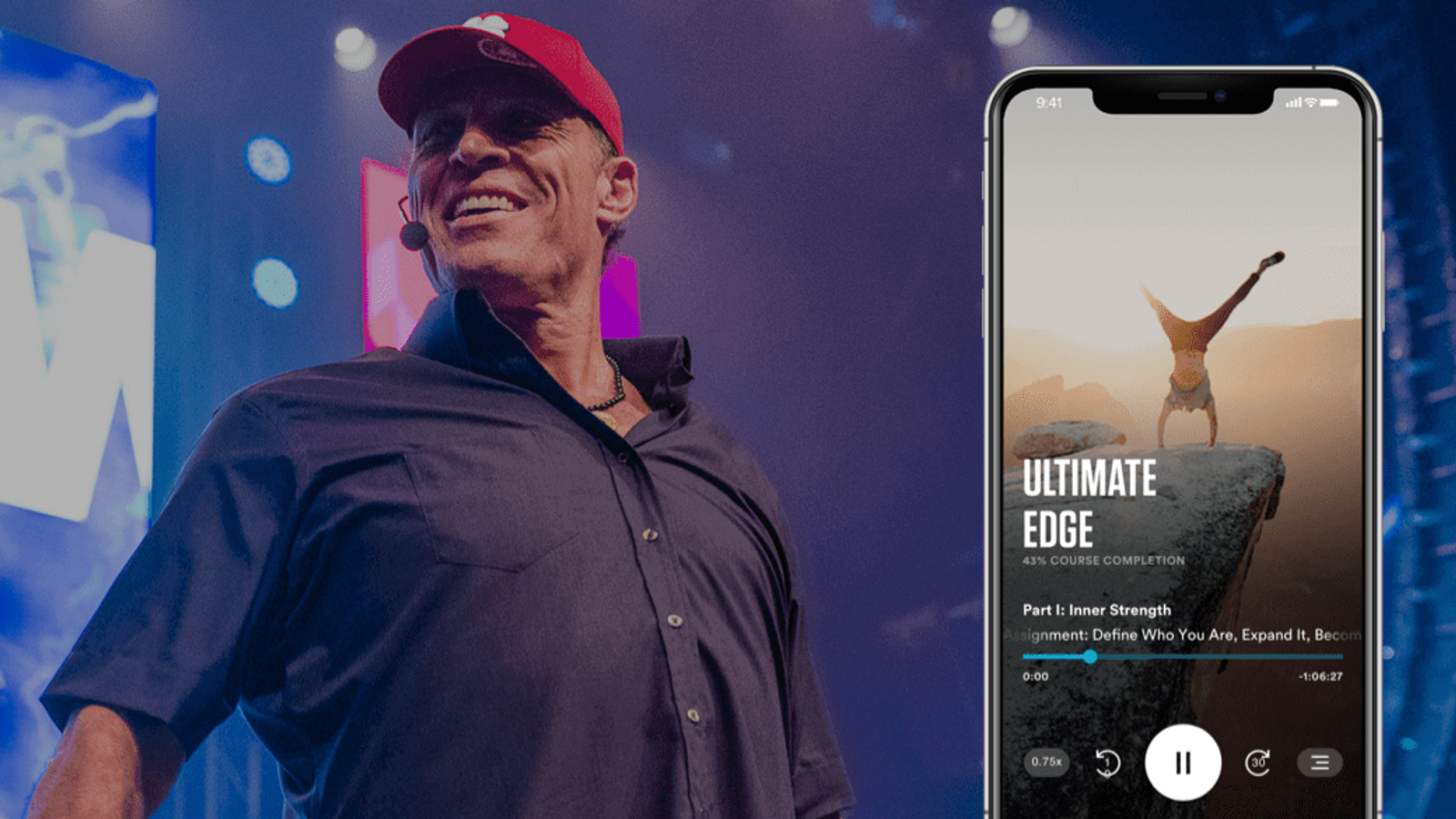 a man stands in front of a phone that says ultimate edge