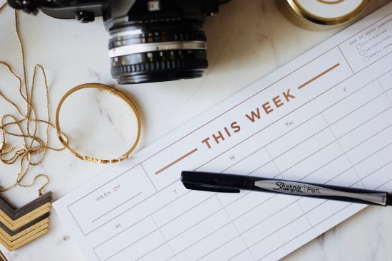 a pen is sitting on top of a calendar next to a camera .