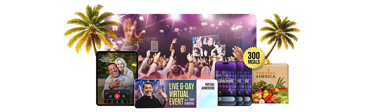 Tony Robbins' virtual event bundle: live event photos, virtual admission, app content, and a Feeding America donation of 300 meals, flanked by palm trees.