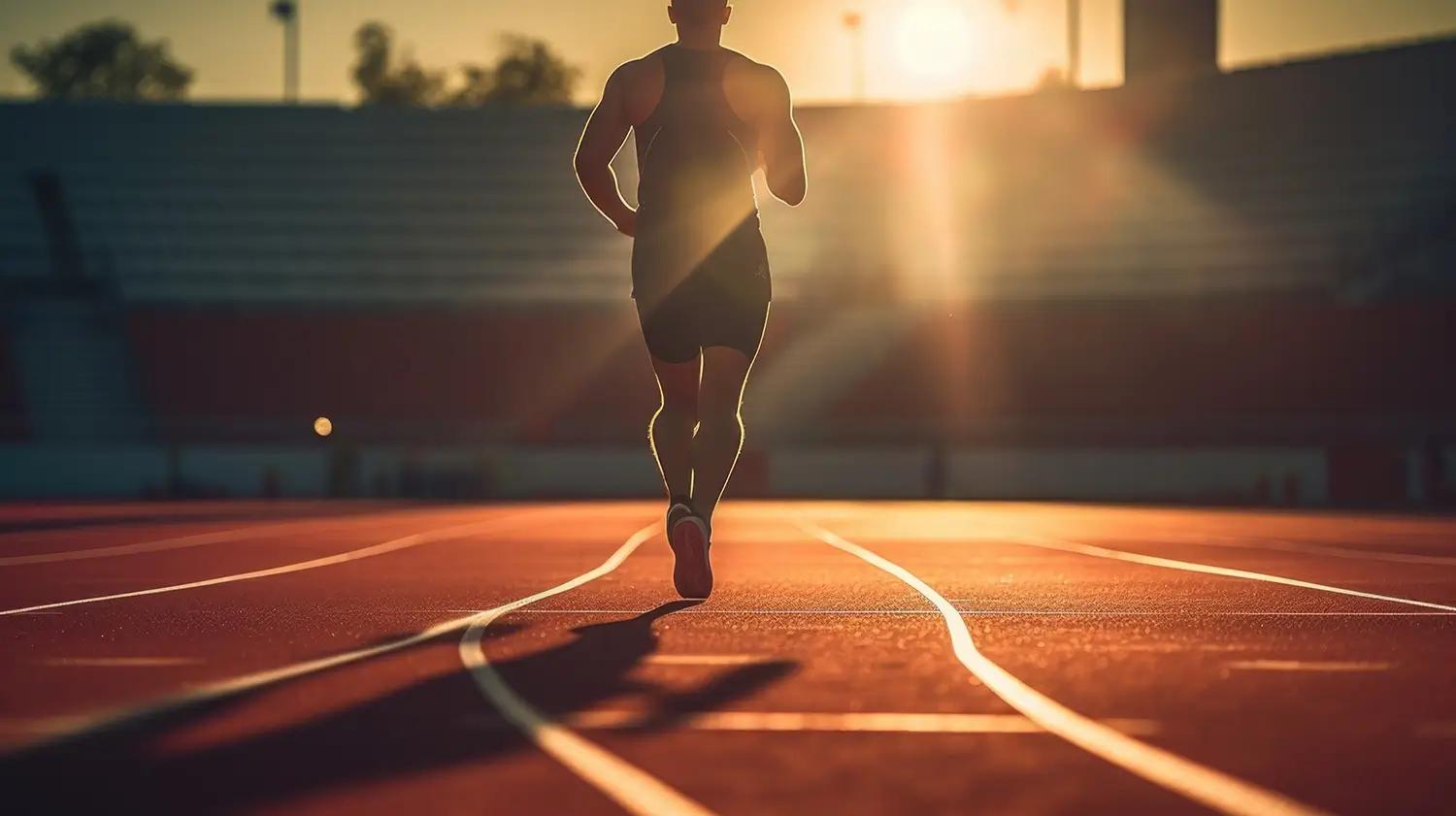 Backlit runner on a track at sunset.