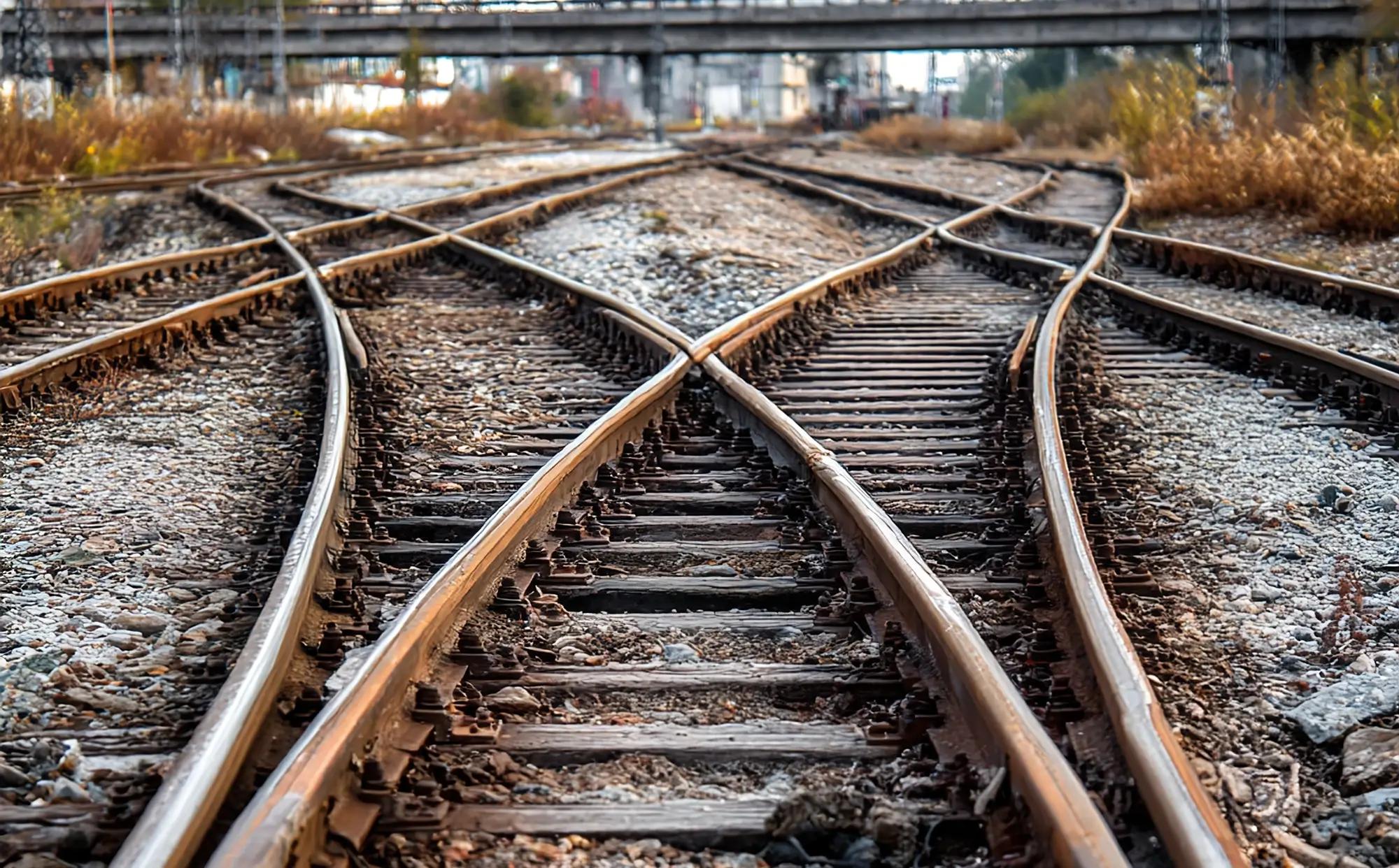 Intersecting train tracks on a gravel bed, with an overpass in the distance.