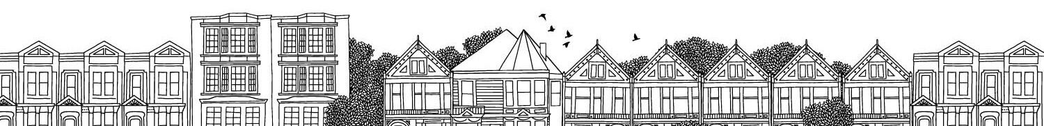 a black and white drawing of a city skyline with buildings and trees .