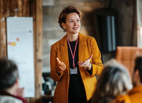 a woman in a yellow jacket is giving a presentation to a group of people .