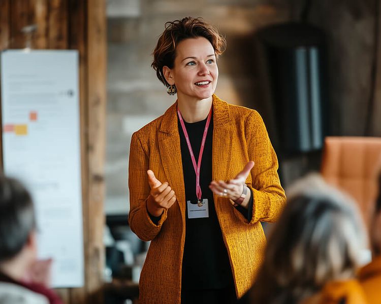 A smiling woman in a yellow blazer and ID badge speaks, gesturing to a blurred audience.