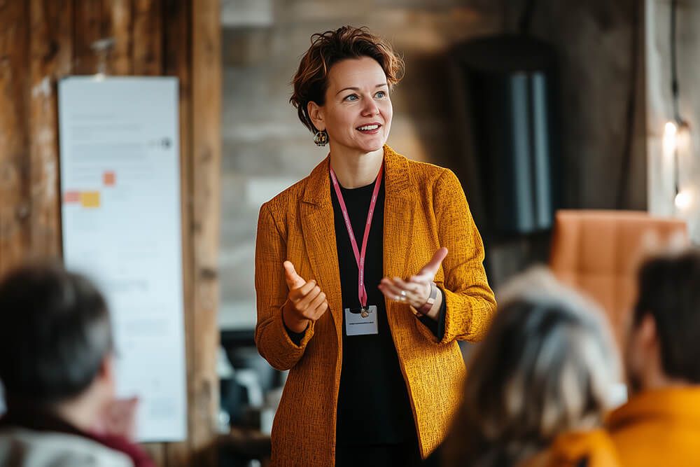 a woman in a yellow jacket is giving a presentation to a group of people .