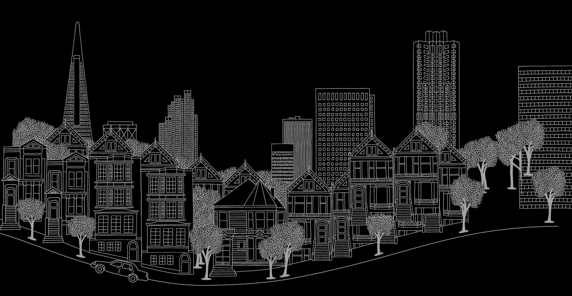a black and white drawing of a city skyline with houses and trees .