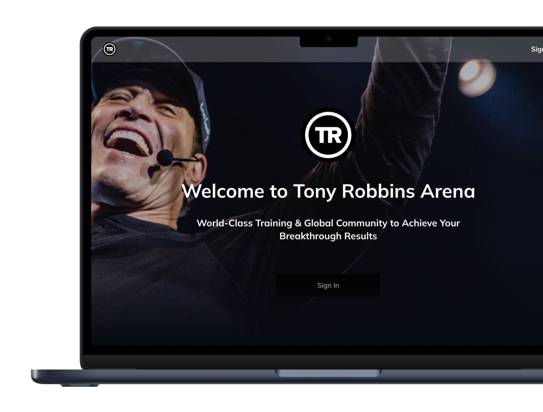 a laptop screen that says welcome to tony robbins arena
