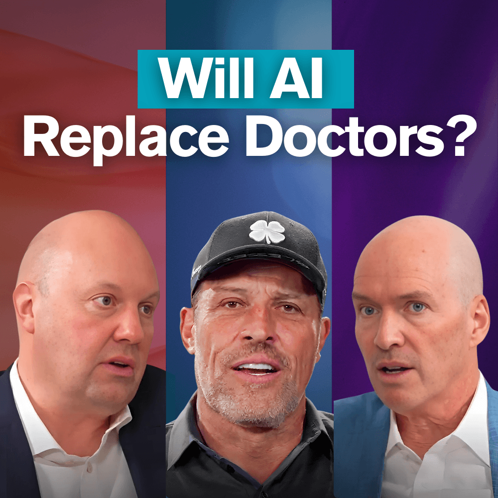 Three men under the question "Will AI Replace Doctors?", including Tony Robbins in the center.