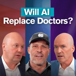 Three men under the question "Will AI Replace Doctors?", including Tony Robbins in the center.