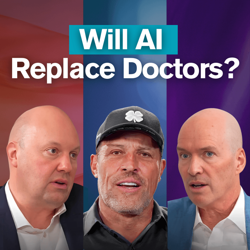 Three men under the question "Will AI Replace Doctors?", including Tony Robbins in the center.