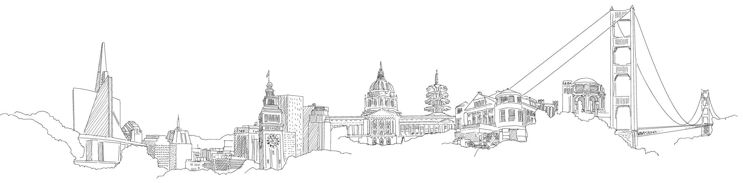 a black and white drawing of a city skyline with a bridge .