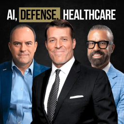 Three smiling men in suits, with the text 'AI, DEFENSE. HEALTHCARE' above them.