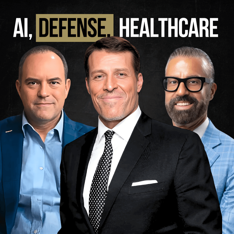 Three smiling men in suits, with the text 'AI, DEFENSE. HEALTHCARE' above them.