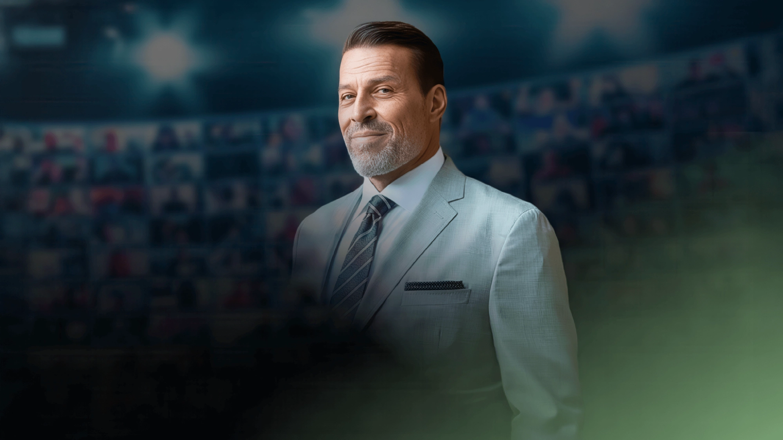 a man in a suit and tie stands in front of a crowd