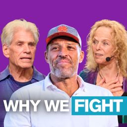 Three speakers, two men and one woman, against a purple background with the text "WHY WE FIGHT".