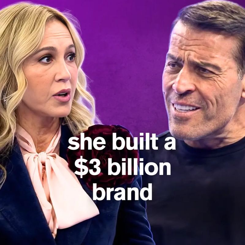 A blonde woman and Tony Robbins with the text "BANKRUPT TO $3 BILLION" between them on a purple background.