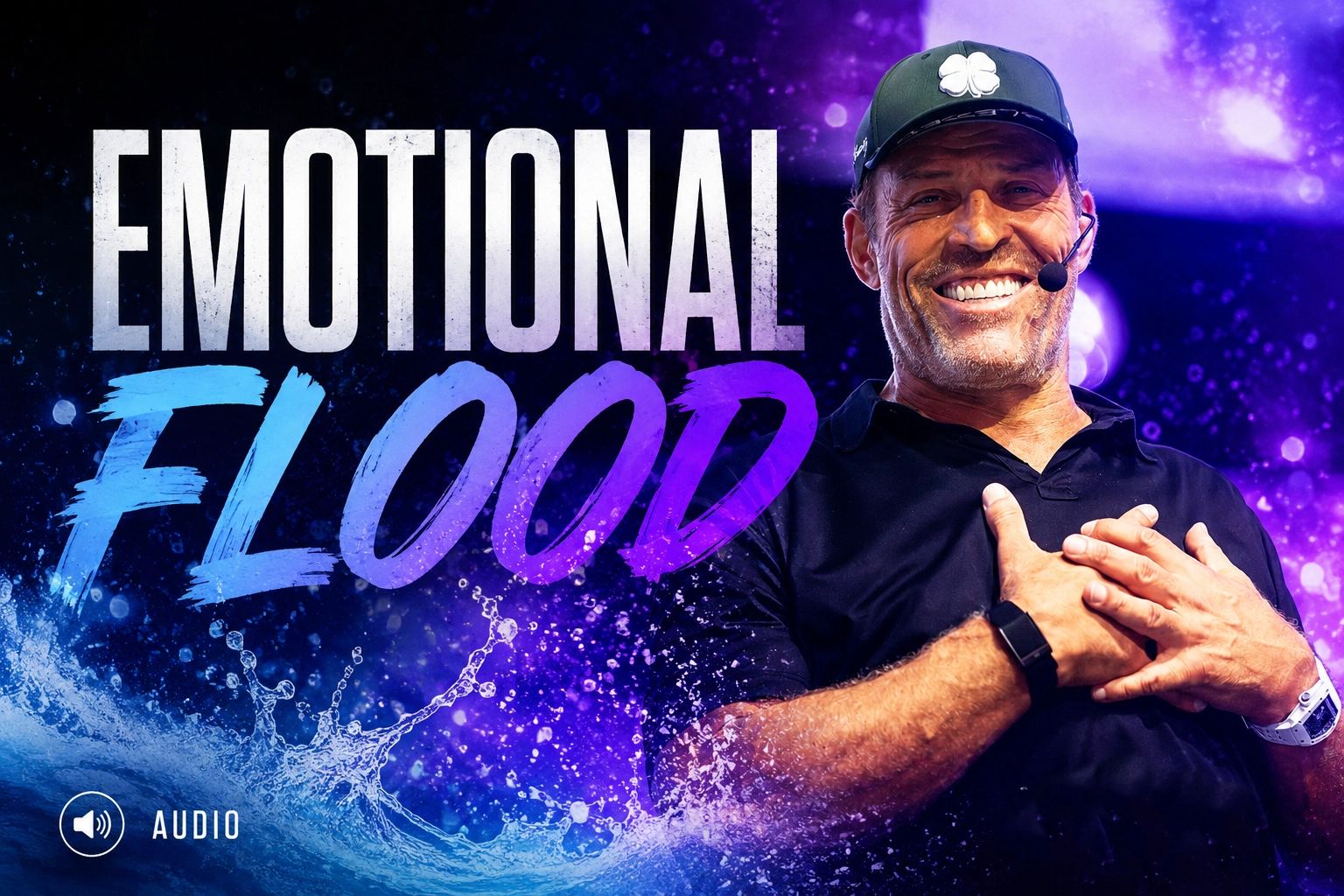 Tony Robbins smiling with hands on his heart, wearing a mic and green cap, over "EMOTIONAL FLOOD" text and splashing water.