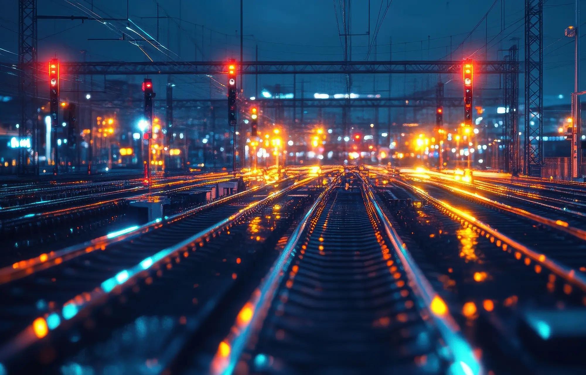 Train tracks at night, illuminated by a vivid array of orange, blue, and red lights.
