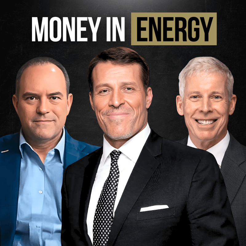 Tony Robbins, Robert Herjavec, and a third man smiling below the title "MONEY IN ENERGY".