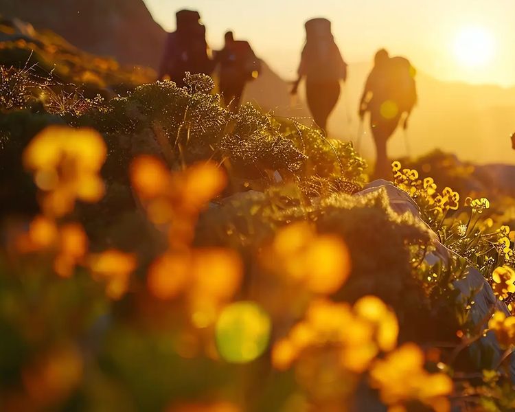 Mountain hikers silhouetted against a golden sunset, with wildflowers in the foreground.